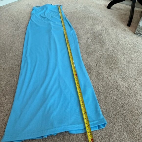 Blue ribbed spaghetti strap draped cowl neck open crisscross back ruched dress M - Picture 8 of 13